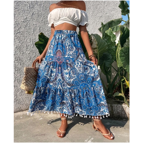 Paisley Print Tassel Hem Maxi Skirt - Picture 3 of 10